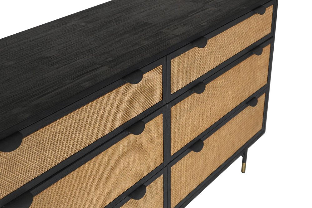 61" Black And Natural Solid Wood Six Drawer Double Dresser