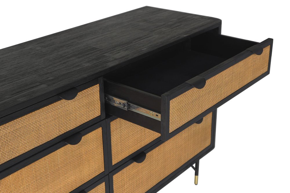 61" Black And Natural Solid Wood Six Drawer Double Dresser