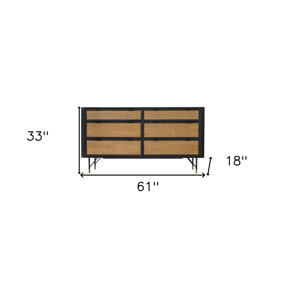 61" Black And Natural Solid Wood Six Drawer Double Dresser