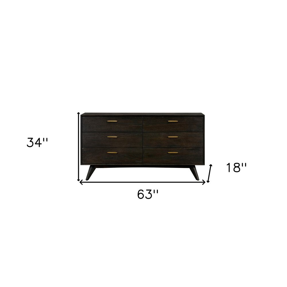 63" Brown Solid Wood Six Drawer Double Dresser