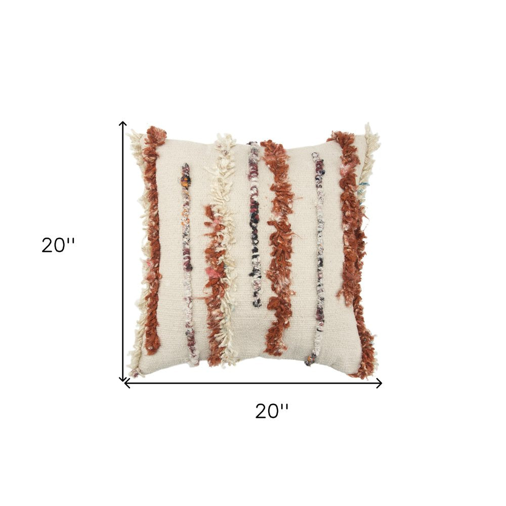 20" Ivory Rust And Black Wool Striped Throw Pillow