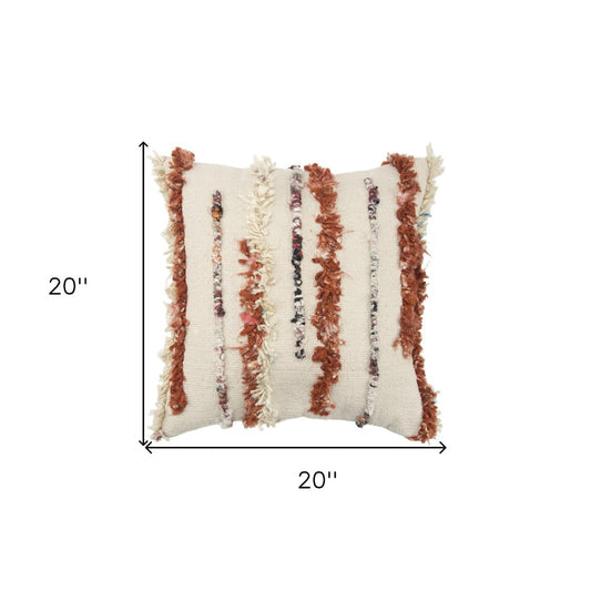 20" Ivory Rust And Black Wool Striped Throw Pillow