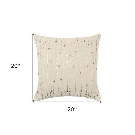 20" Gold and Ivory Cotton Pillow With Beads Edges