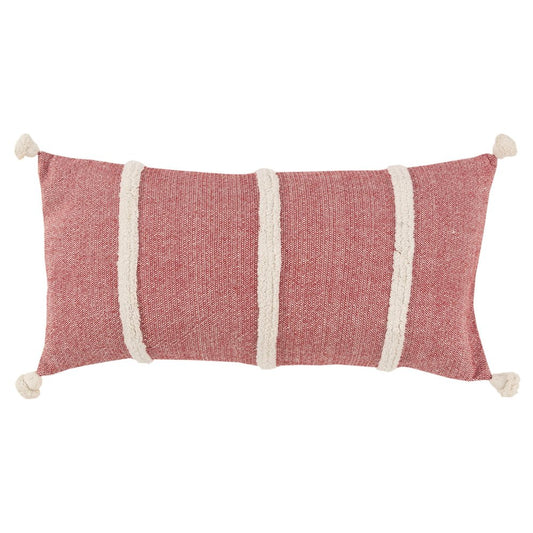 14" X 26" Red And White Lumbar Weave Cotton Throw Pillow with Tassels