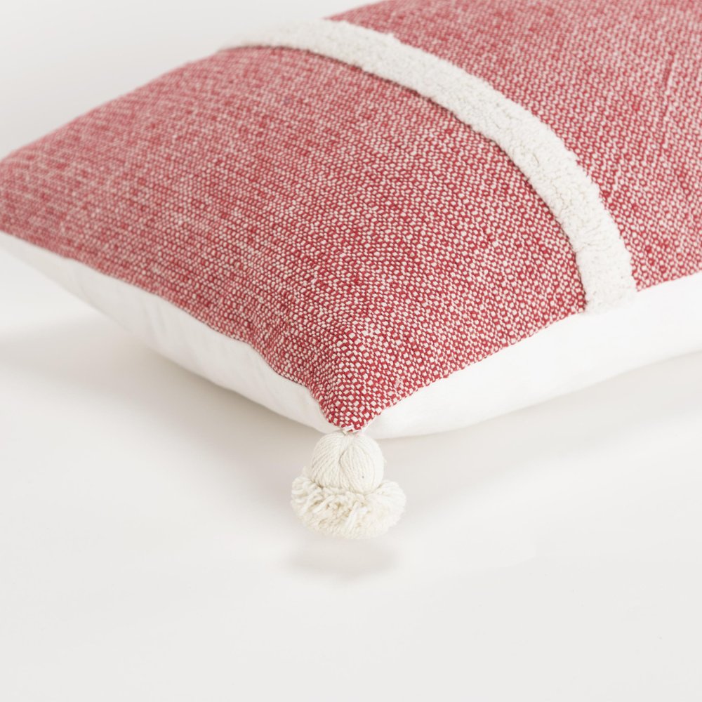 14" X 26" Red And White Lumbar Weave Cotton Throw Pillow with Tassels