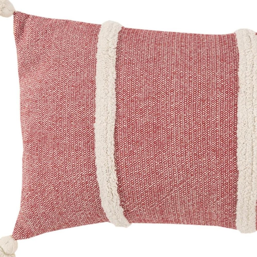 14" X 26" Red And White Lumbar Weave Cotton Throw Pillow with Tassels