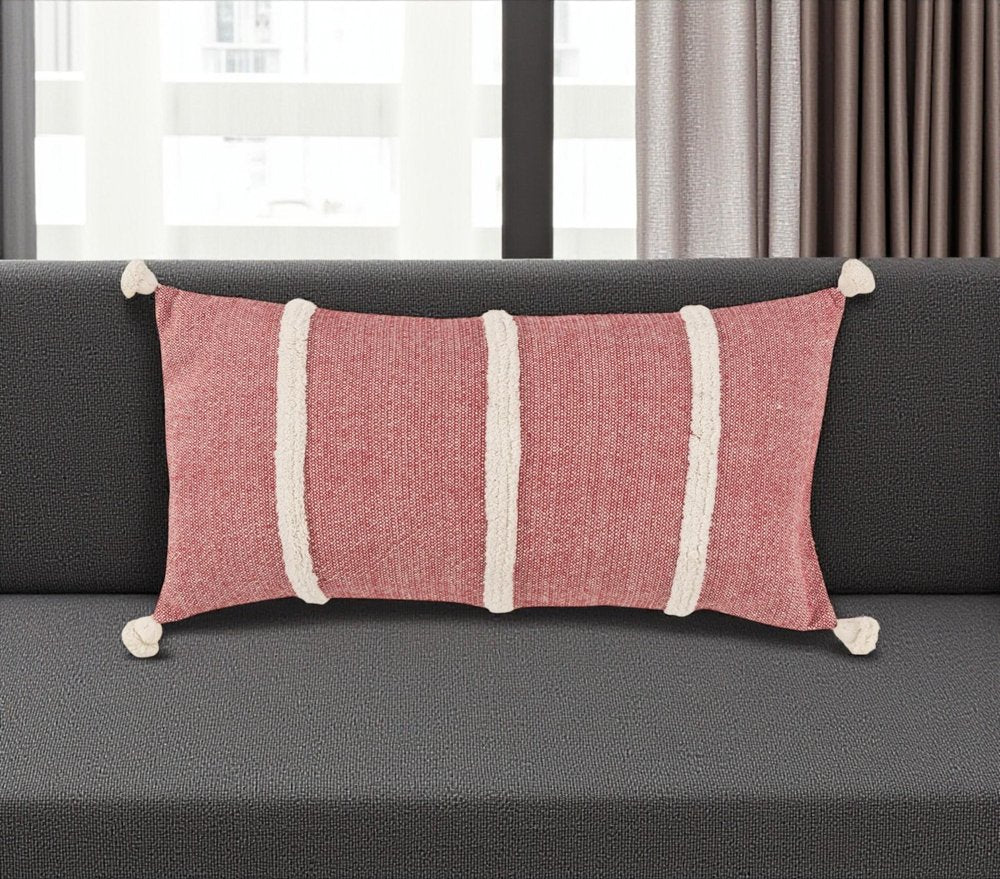 14" X 26" Red And White Lumbar Weave Cotton Throw Pillow with Tassels