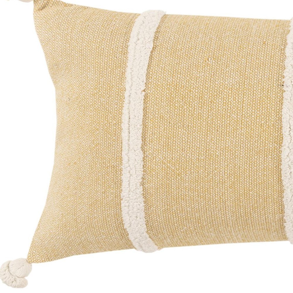 14" X 26" White And Yellow Lumbar Weave Cotton Throw Pillow with Tassels