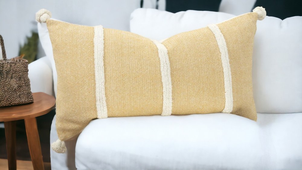 14" X 14" Yellow and White Cotton Pillow With Tassels Edges
