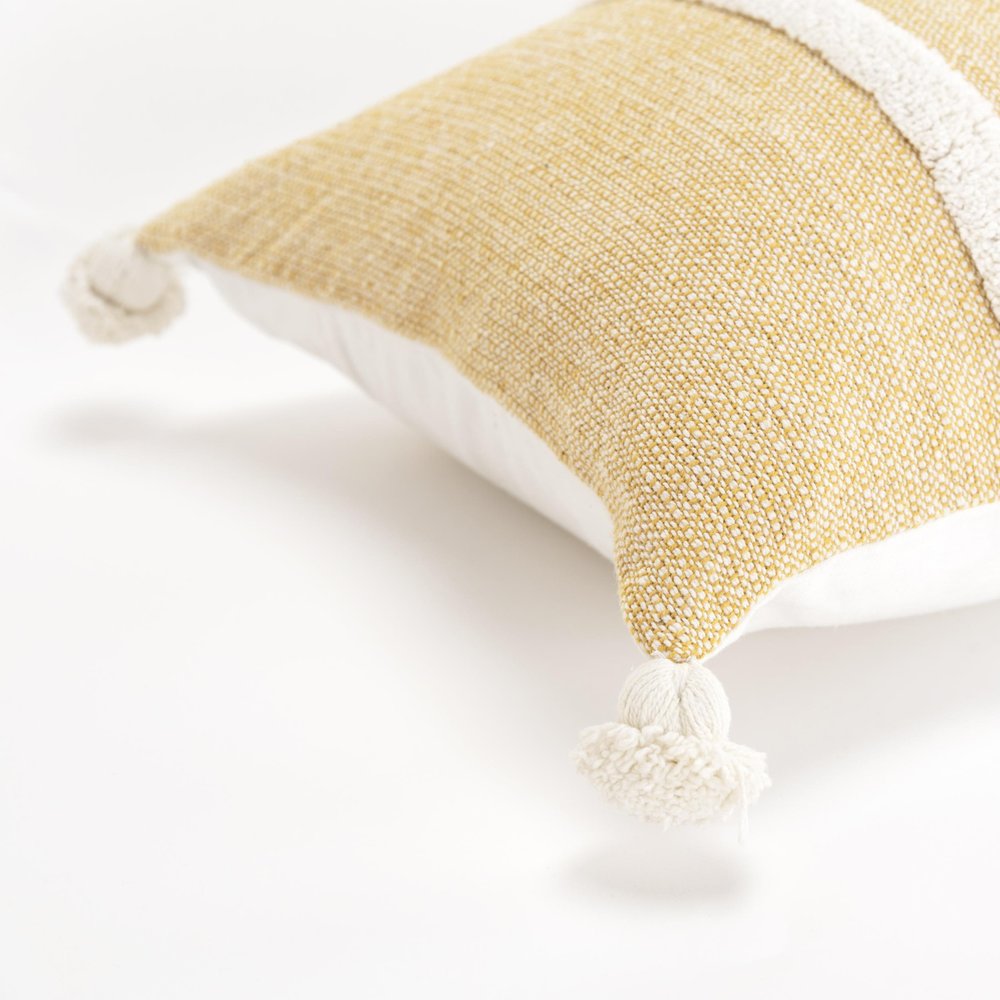 14" X 26" White And Yellow Lumbar Weave Cotton Throw Pillow with Tassels