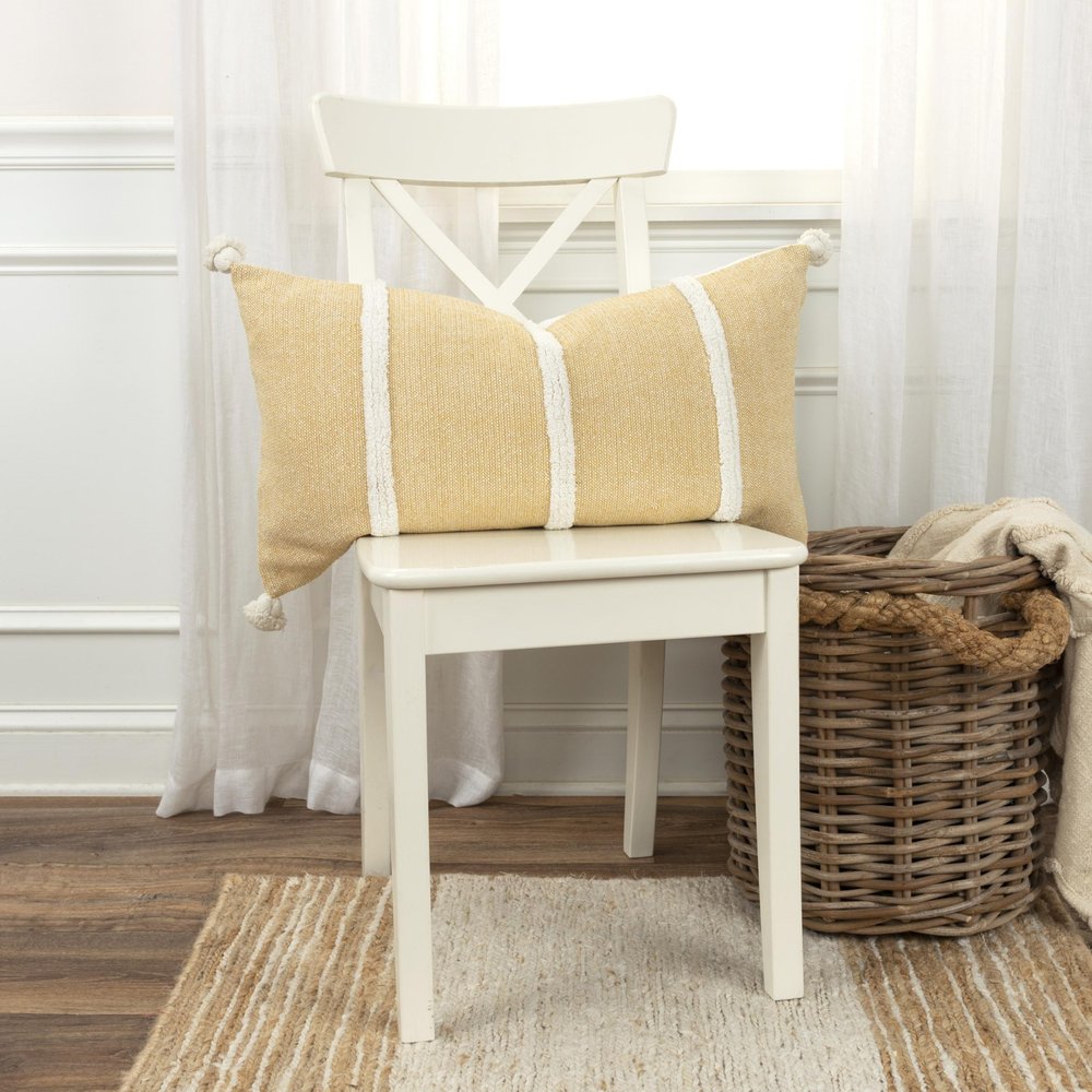 14" X 14" Yellow and White Cotton Pillow With Tassels Edges