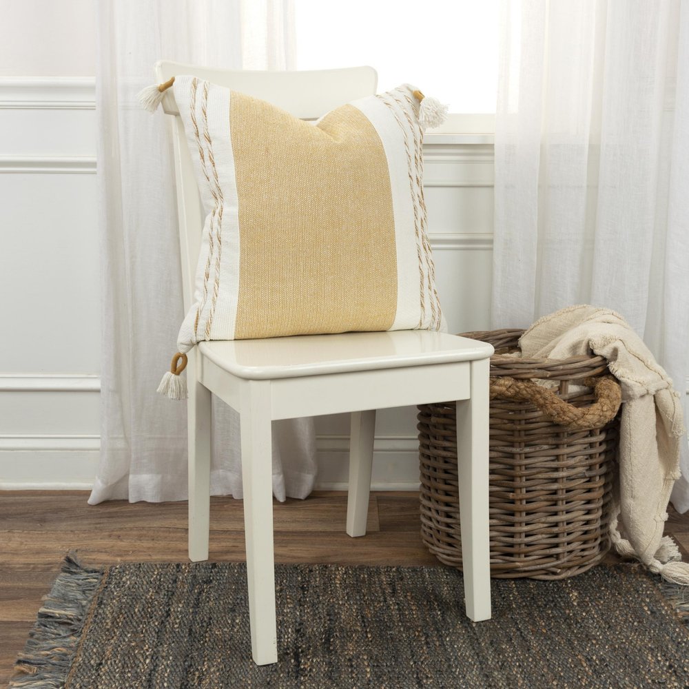 20" Yellow and White Color Block Cotton Throw Pillow With Tassels