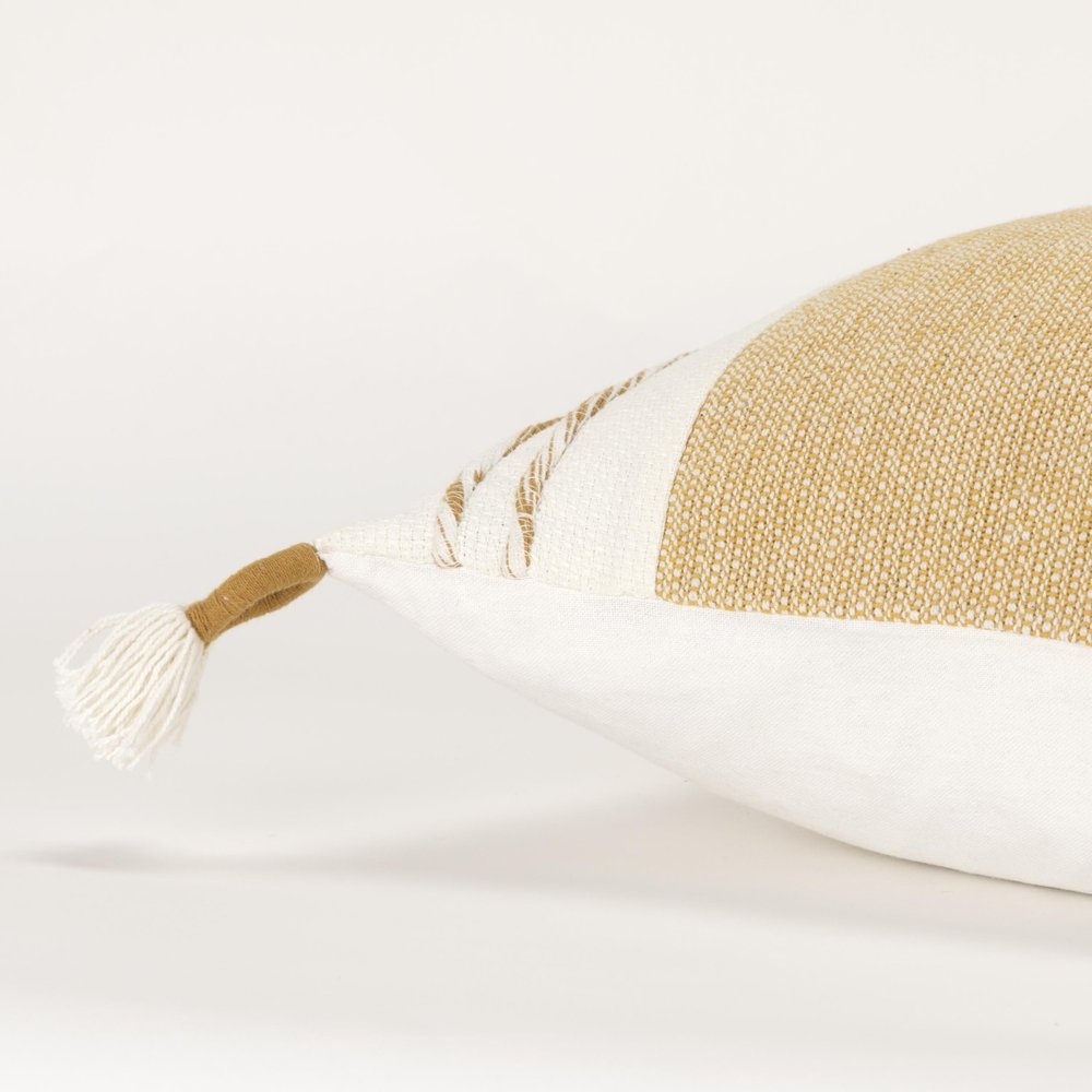 20" Yellow and White Color Block Cotton Throw Pillow With Tassels