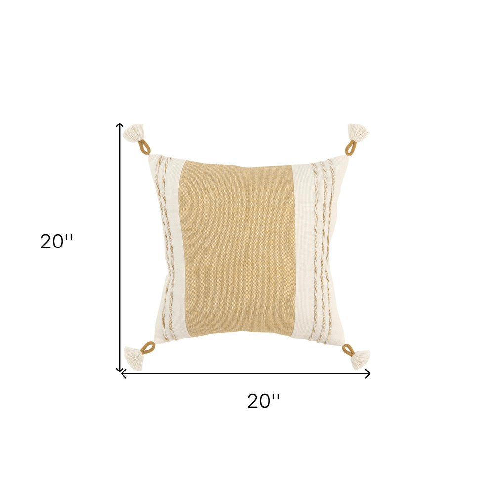 20" Yellow and White Color Block Cotton Throw Pillow With Tassels