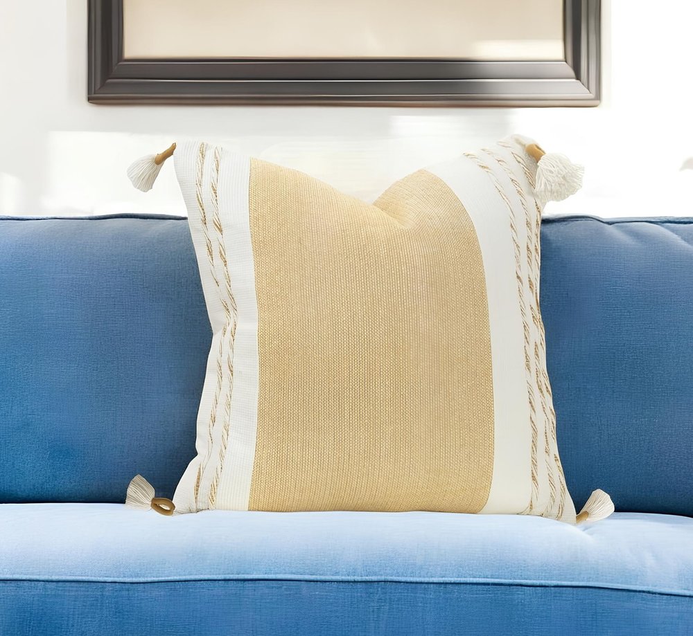 20" Yellow and White Color Block Cotton Throw Pillow With Tassels