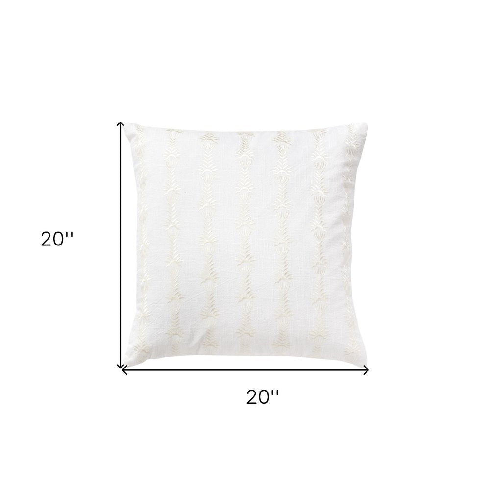20" White Cotton Throw Pillow With Embroidery