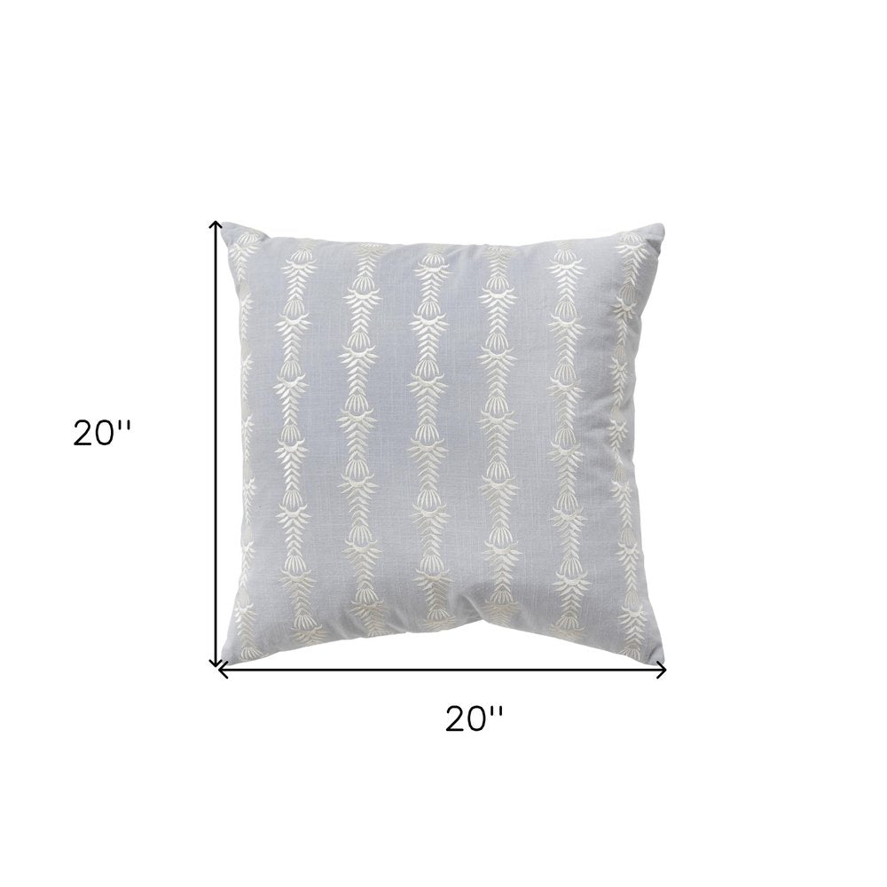 20" Light Blue and White Cotton Throw Pillow With Embroidery