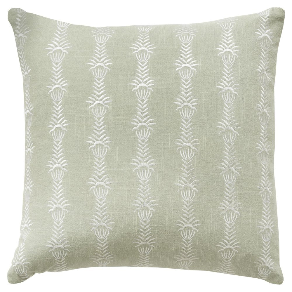 20" Green and White Cotton Throw Pillow With Embroidery