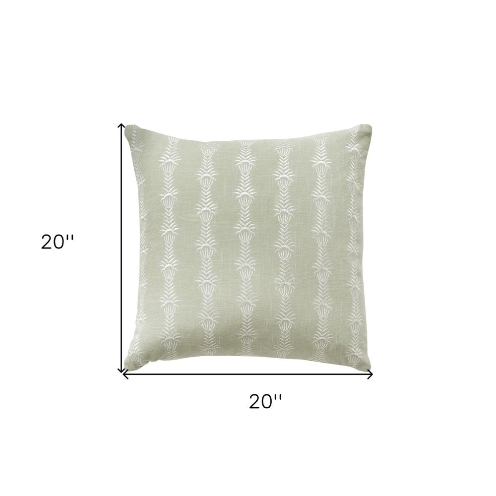 20" Green and White Cotton Throw Pillow With Embroidery