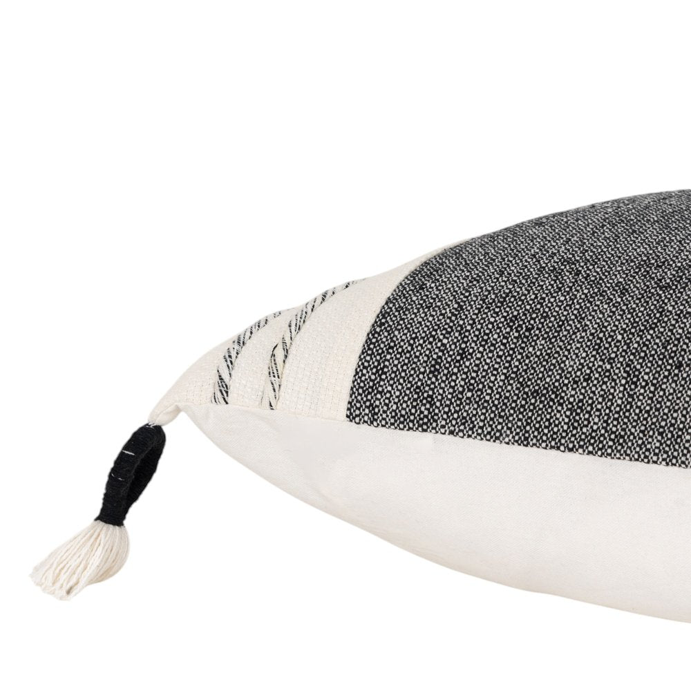 20" White and Black Striped Cotton Throw Pillow with Tassels and Texture
