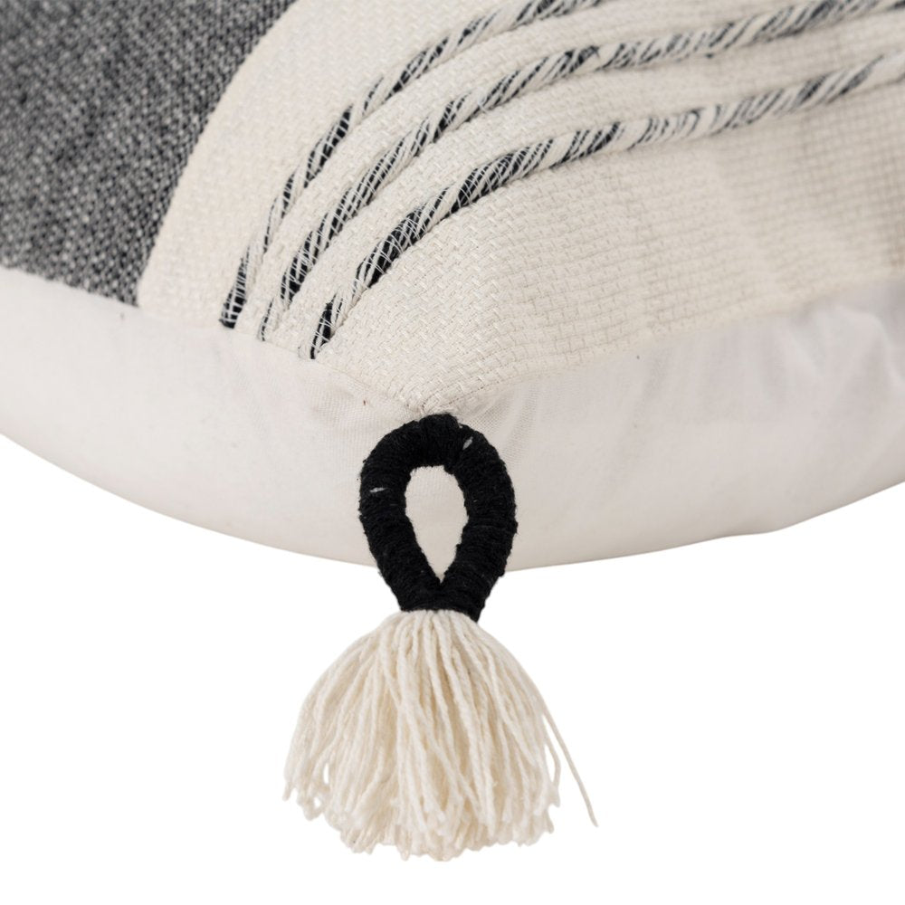 20" White and Black Striped Cotton Throw Pillow with Tassels and Texture