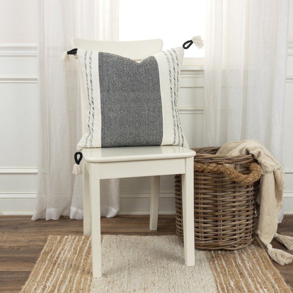20" White and Black Striped Cotton Throw Pillow with Tassels and Texture