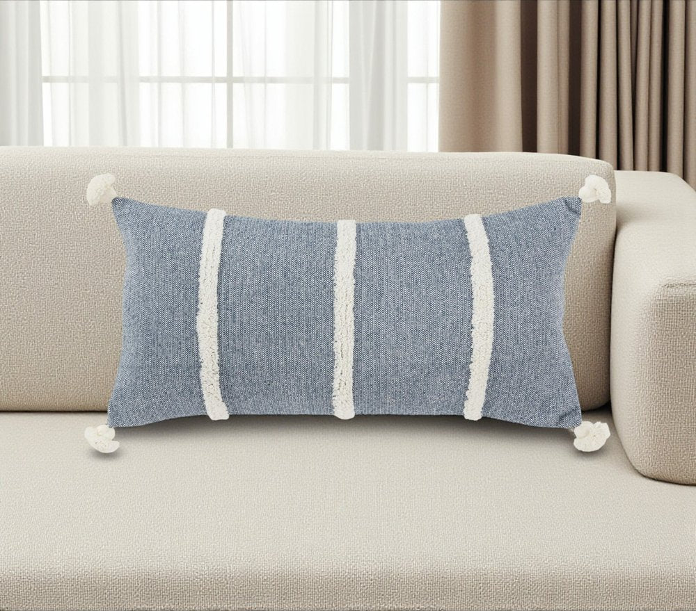 14" X 14" Blue and White Cotton Pillow With Tassels Edges