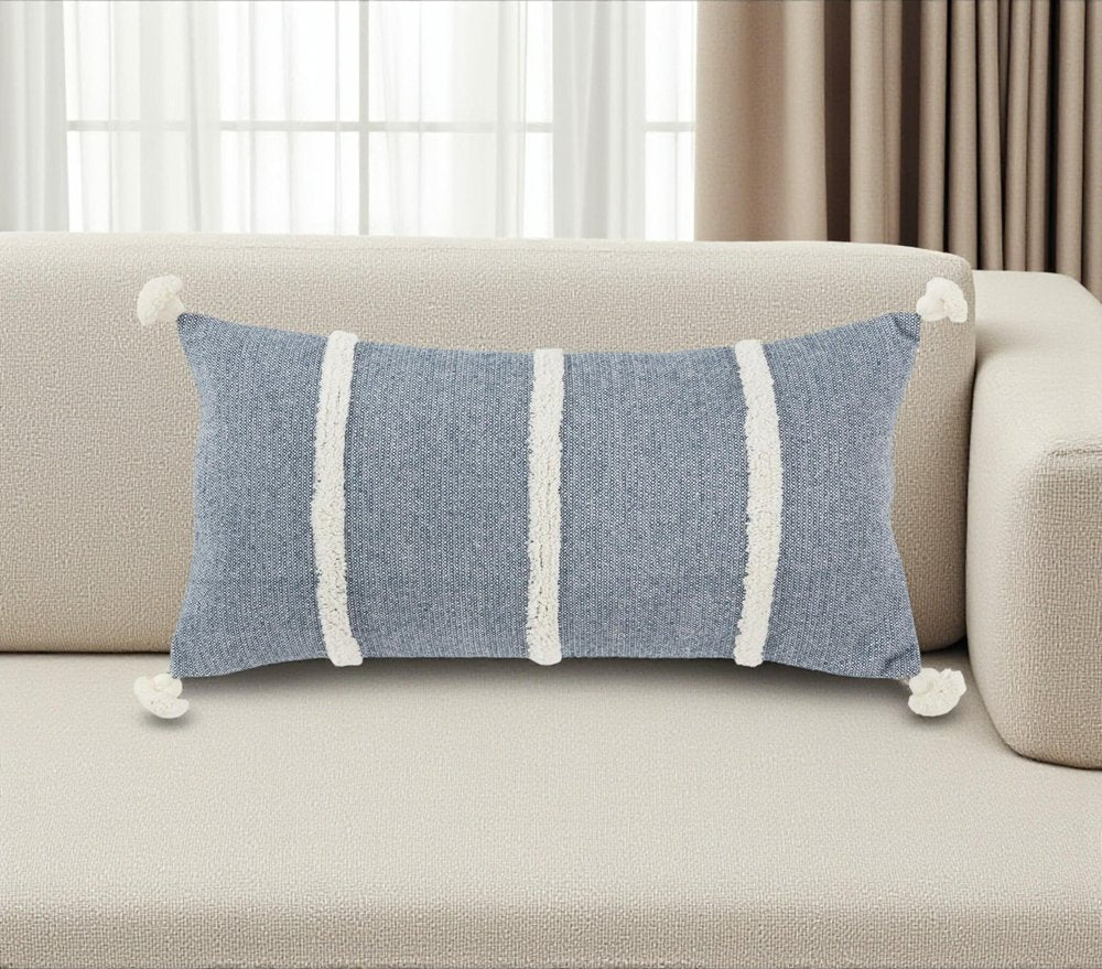 14" X 26" Blue And White Lumbar Weave Cotton Throw Pillow with Tassels