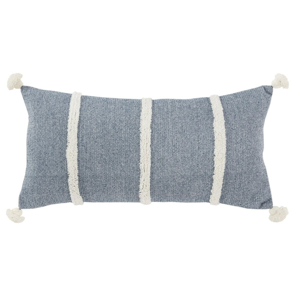 14" X 26" Blue And White Lumbar Weave Cotton Throw Pillow with Tassels