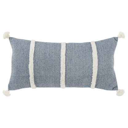14" X 26" Blue And White Lumbar Weave Cotton Throw Pillow with Tassels