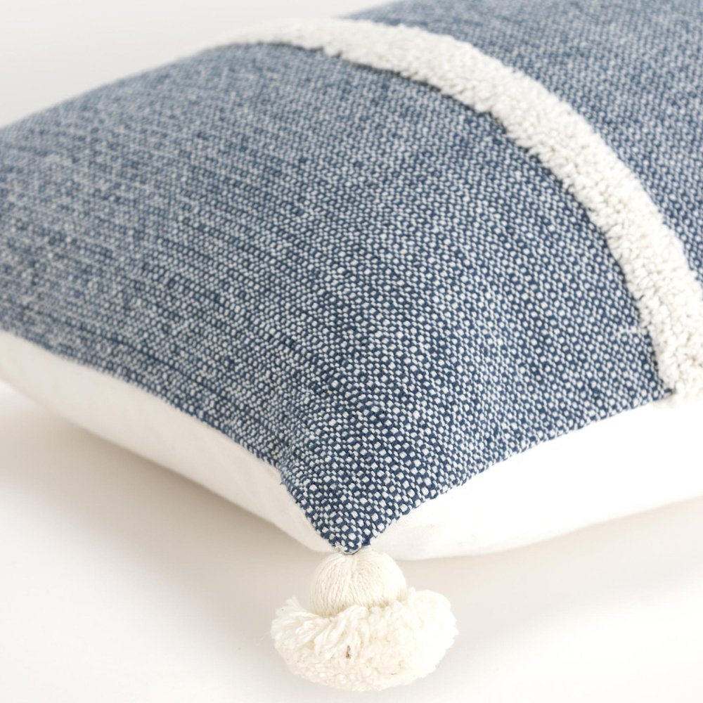 14" X 26" Blue And White Lumbar Weave Cotton Throw Pillow with Tassels