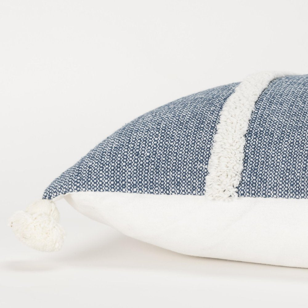14" X 26" Blue And White Lumbar Weave Cotton Throw Pillow with Tassels
