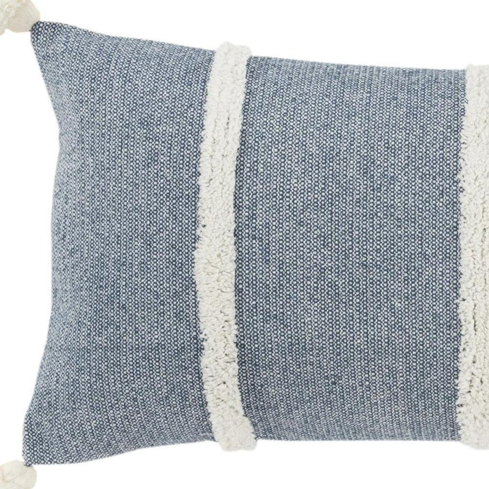 14" X 26" Blue And White Lumbar Weave Cotton Throw Pillow with Tassels