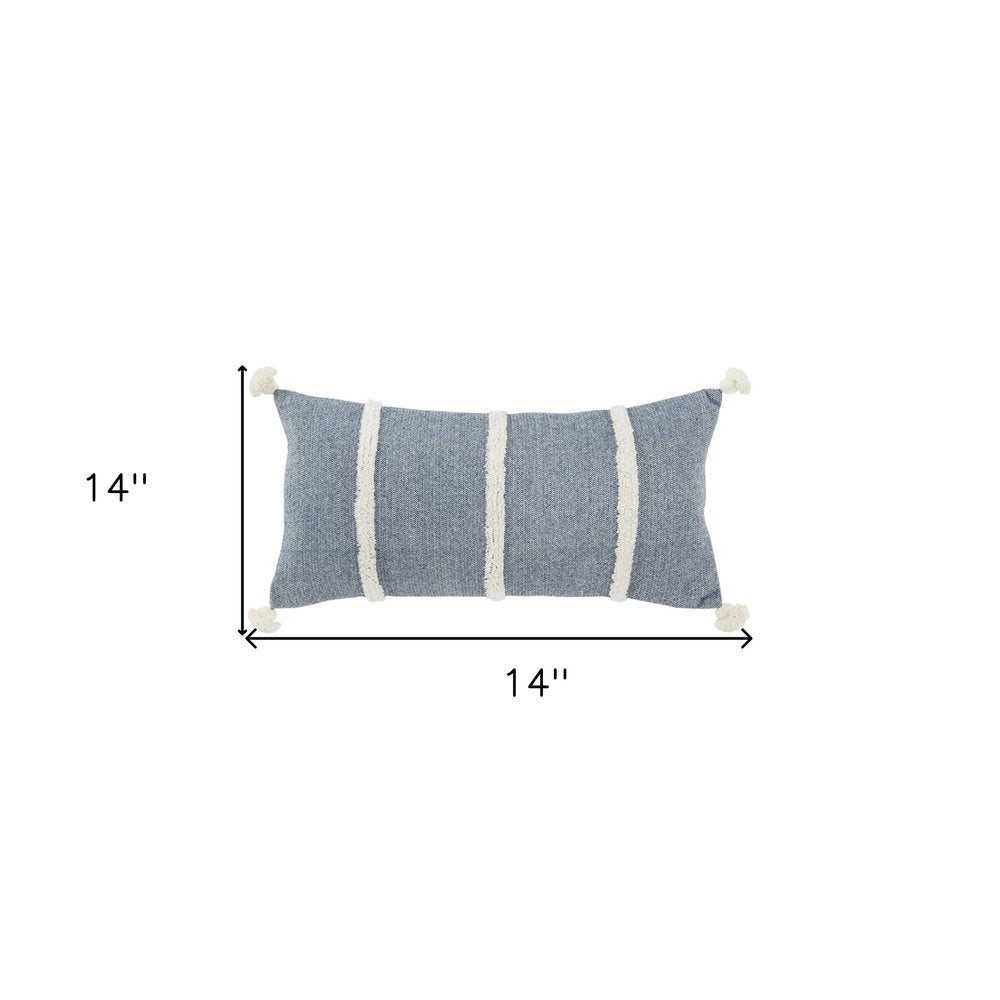14" X 14" Blue and White Cotton Pillow With Tassels Edges