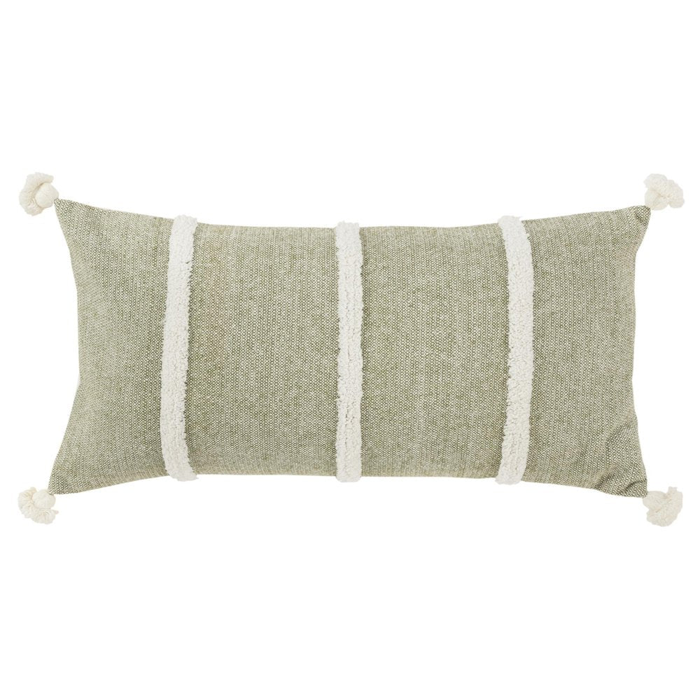 14" X 26" Green And White Lumbar Weave Cotton Throw Pillow with Tassels