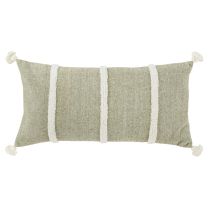 14" X 26" Green And White Lumbar Weave Cotton Throw Pillow with Tassels