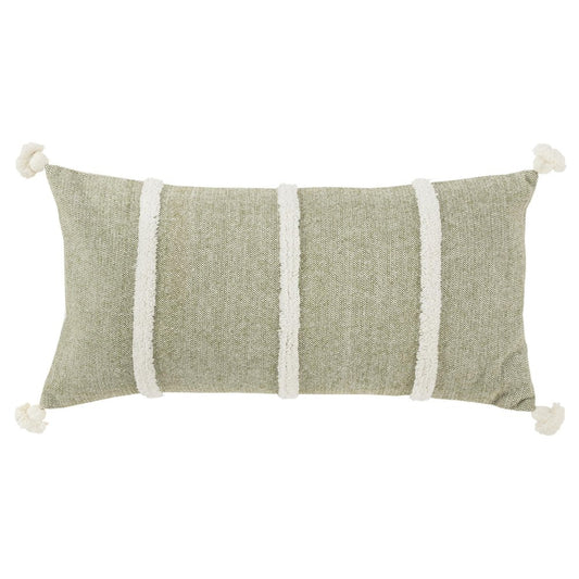 14" X 26" Green And White Lumbar Weave Cotton Throw Pillow with Tassels