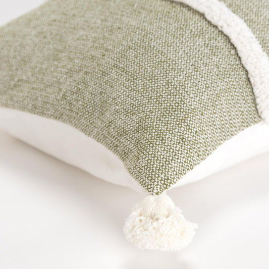14" X 26" Green And White Lumbar Weave Cotton Throw Pillow with Tassels