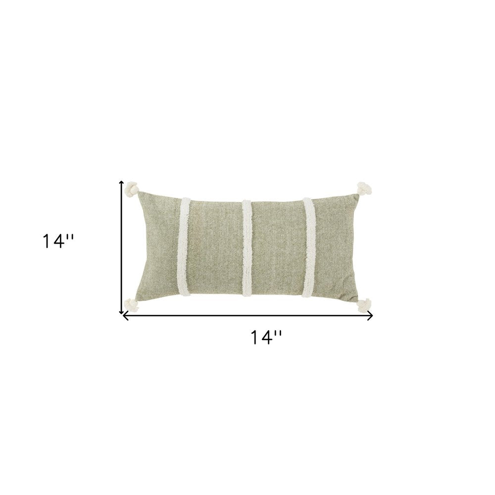 14" X 14" Green and White Cotton Pillow With Tassels Edges