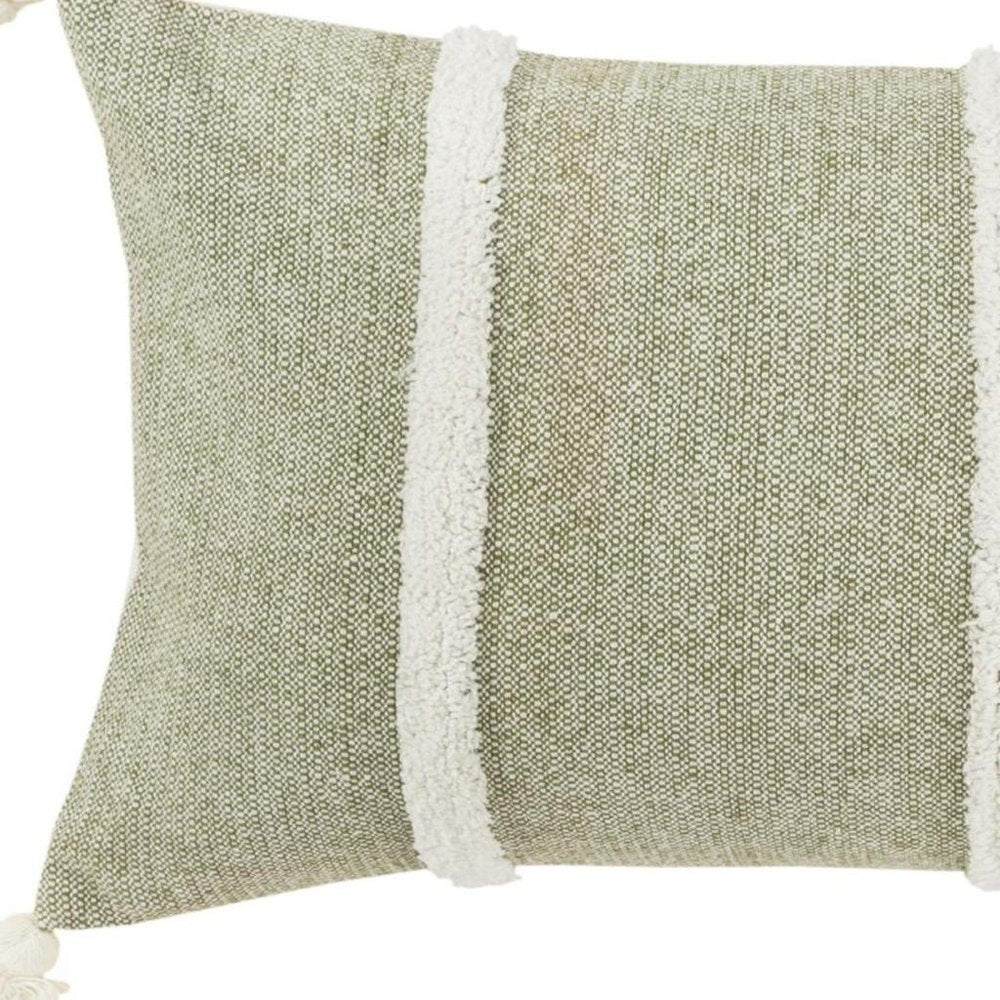 14" X 26" Green And White Lumbar Weave Cotton Throw Pillow with Tassels