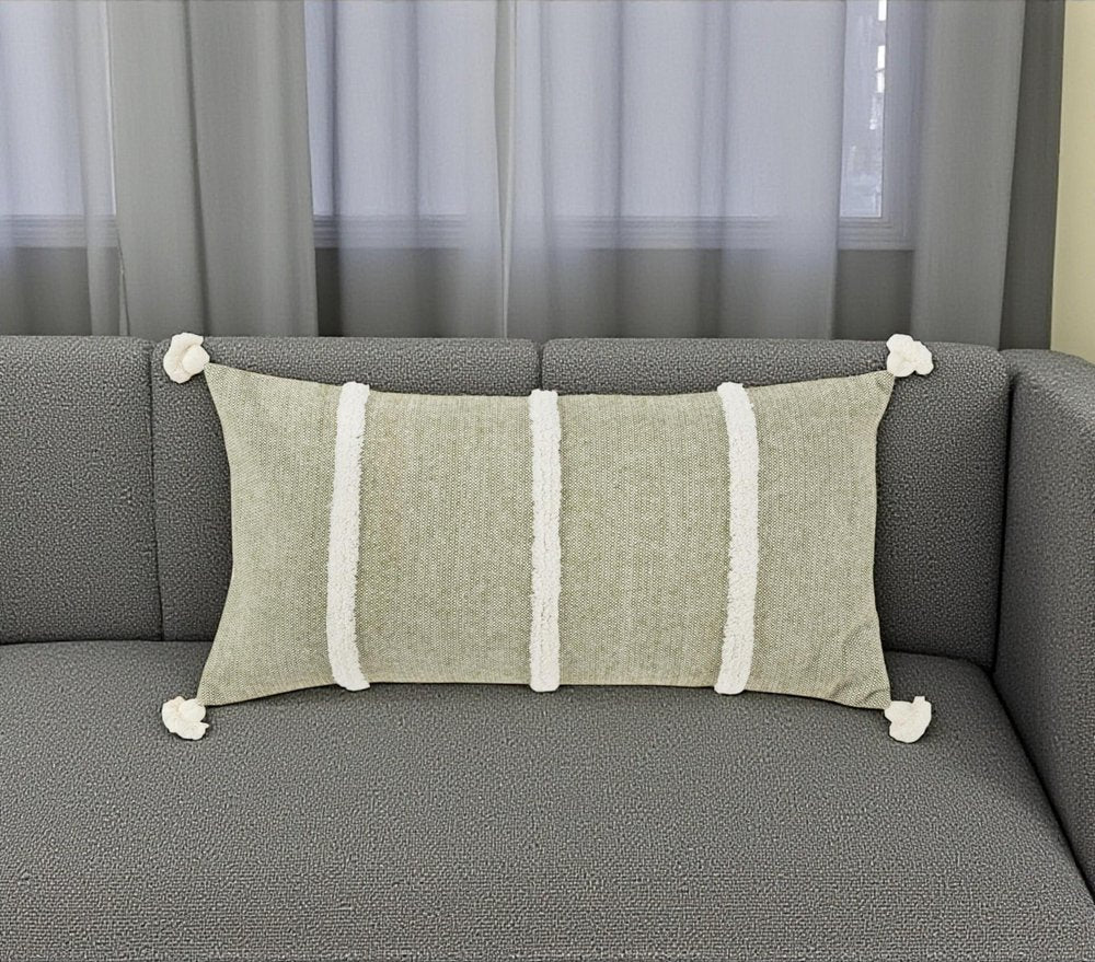 14" X 26" Green And White Lumbar Weave Cotton Throw Pillow with Tassels