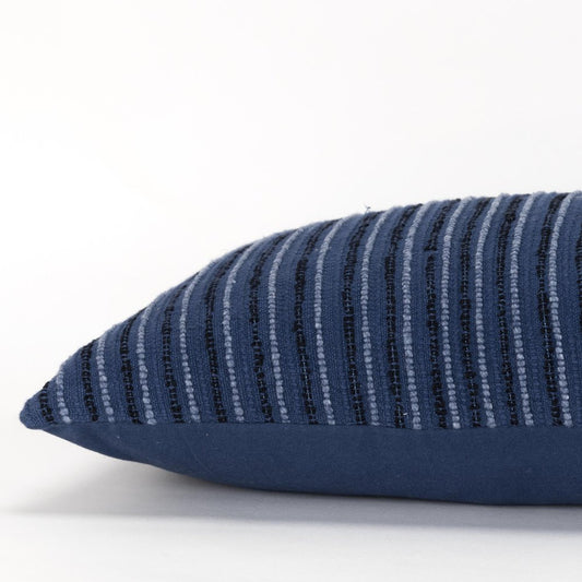 14" X 26" Blue Lumbar Striped Cotton Blend Throw Pillow