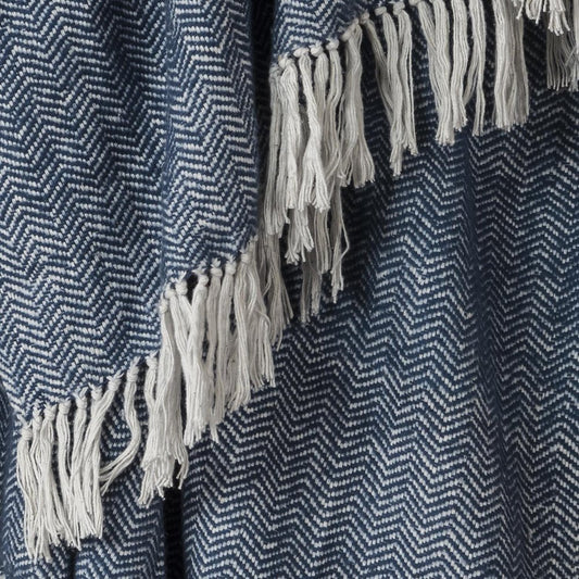 50" X 60" Navy Blue And White Chevron Cotton Throw Blanket with Fringe