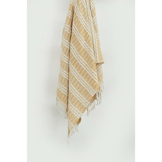 50" X 60" Gold And Ivory Striped Cotton Throw Blanket with Fringe