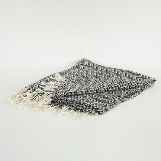 50" X 60" Black And Ivory Chevron Cotton Throw Blanket with Fringe