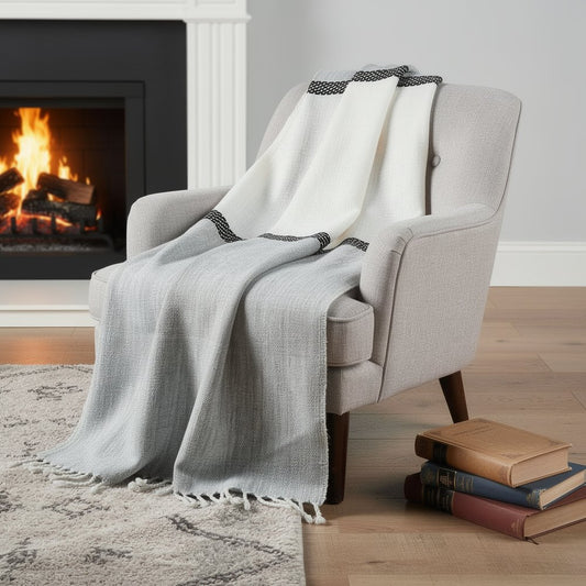 50" X 60" Gray Cotton Woven Color Block Throw Blanket with Fringe