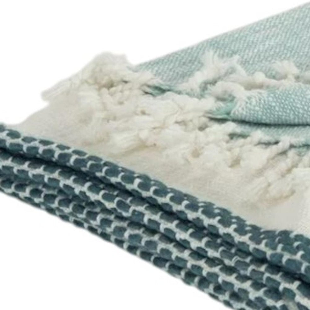 50" X 60" Teal Blue And Ivory Color Block Cotton Throw Blanket with Fringe