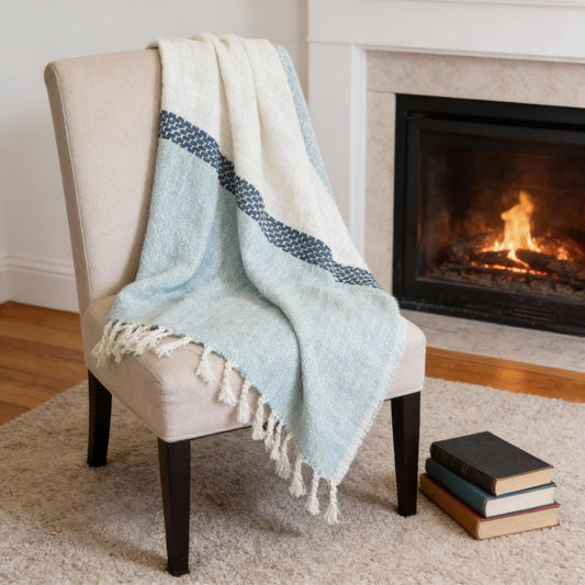 50" X 60" Teal Blue And Ivory Color Block Cotton Throw Blanket with Fringe