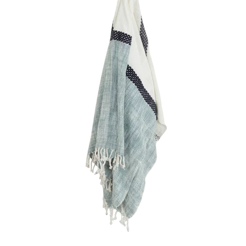 50" X 60" Blue And Ivory Cotton Woven Color Block Throw Blanket with Fringe