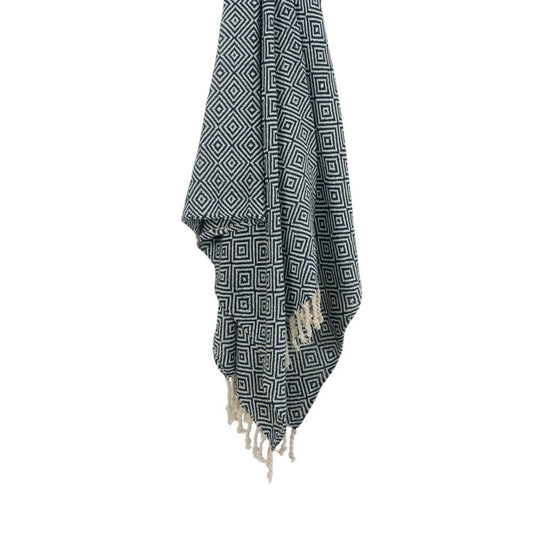 50" X 60" Navy Blue Cotton Woven Geometric Throw Blanket with Fringe